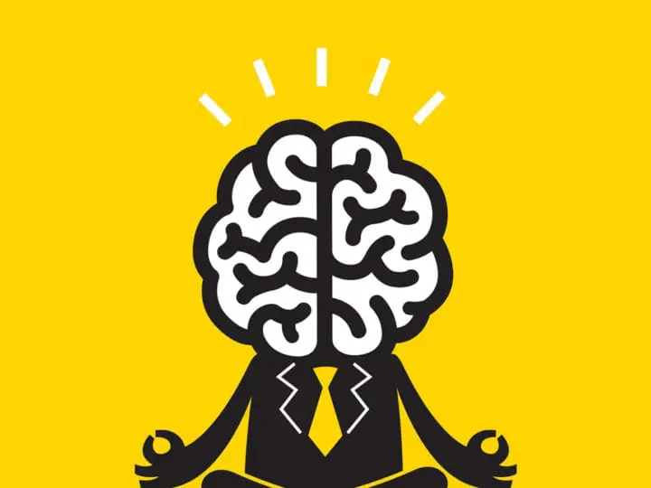 A graphic of a person who's head is just a brain and they are meditating.