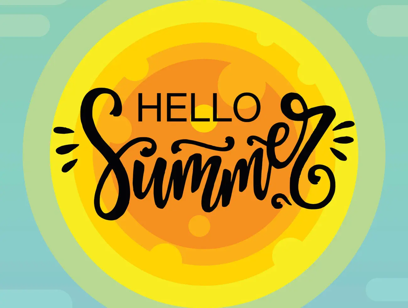 Hello Summer graphic with yellow and green accents.