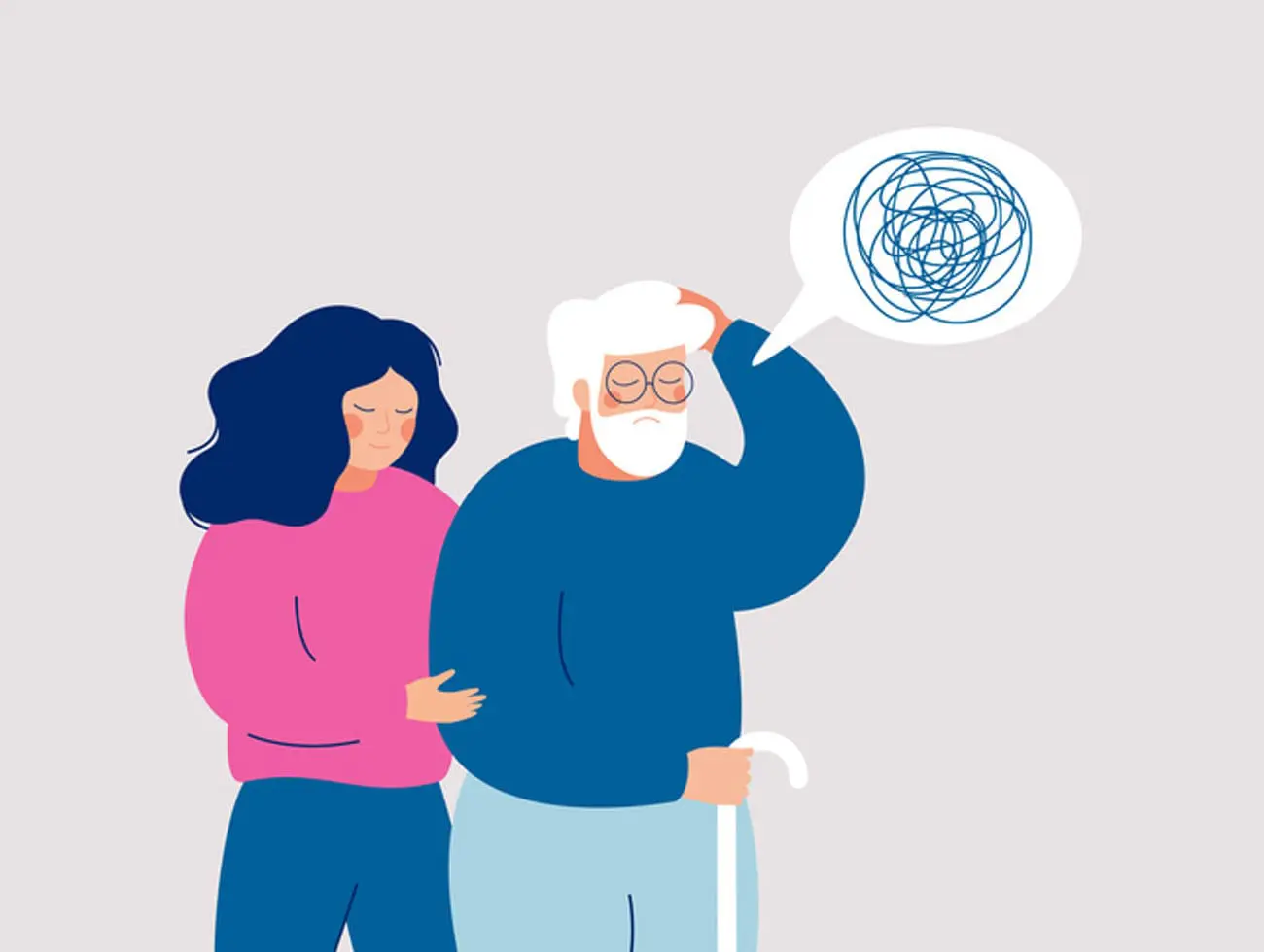 A graphic of a confused older person and his granddaughter, representing 10 strategies for dementia care.