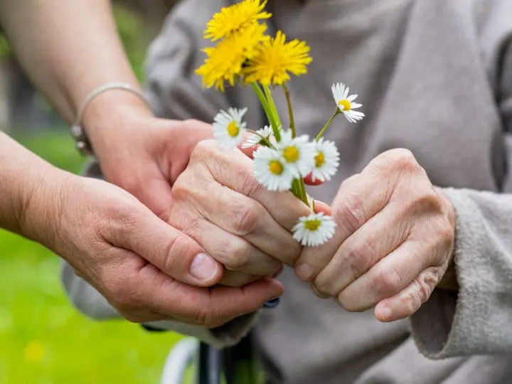 Two sets of hands clasp flowers from the garden.