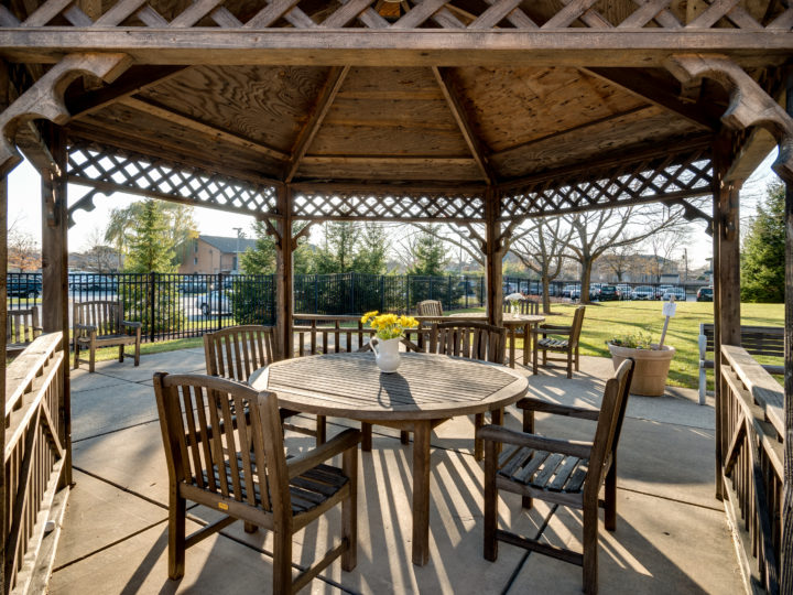 outdoor gazebo with table and chairs