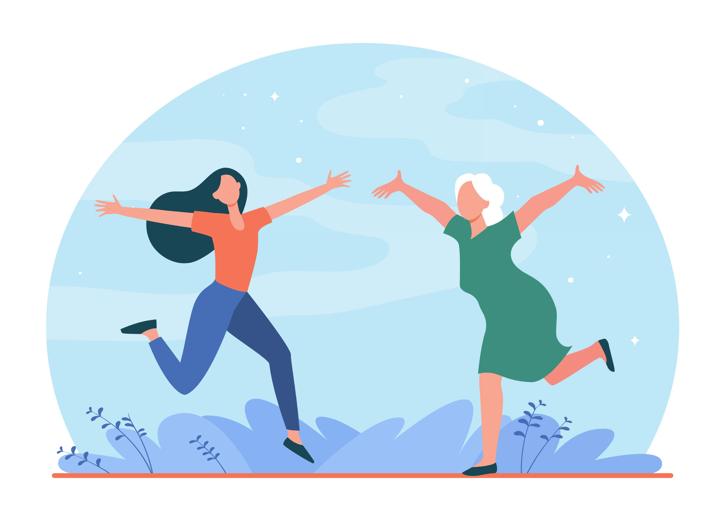 colorful picture of and older woman and younger woman running toward each other